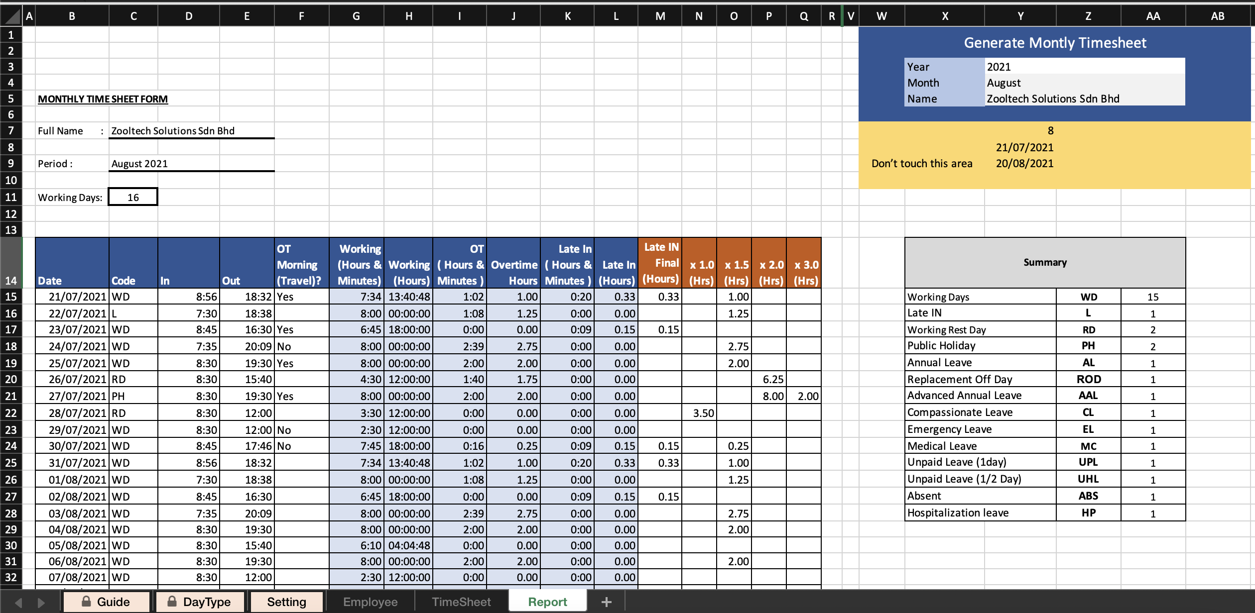 Timesheet Excel Kira Jumlah Jam Kerja Lebih Masa Ot Rekemen