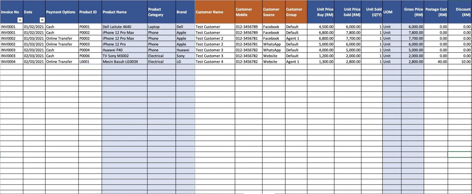 Template Rekod Jualan Excel - Rekod Perniagaan Excel