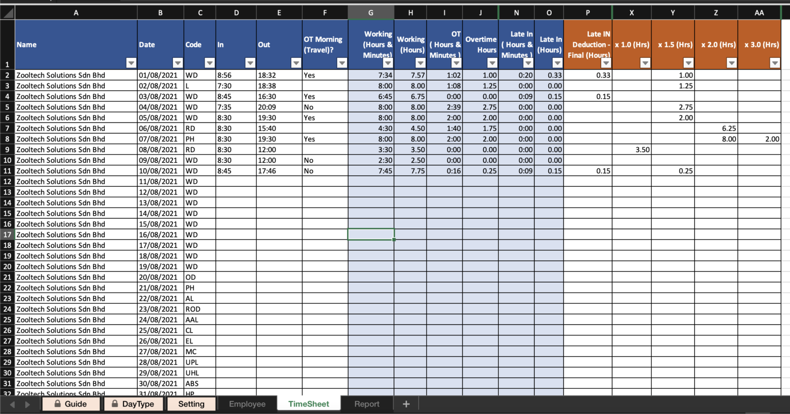 Timesheet Excel Kira Jumlah Jam